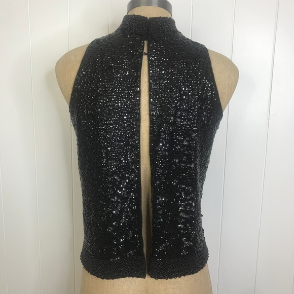 Black Sequin Beaded Tank High Neck Top with Full Zipper Closure - Picture 7 of 10
